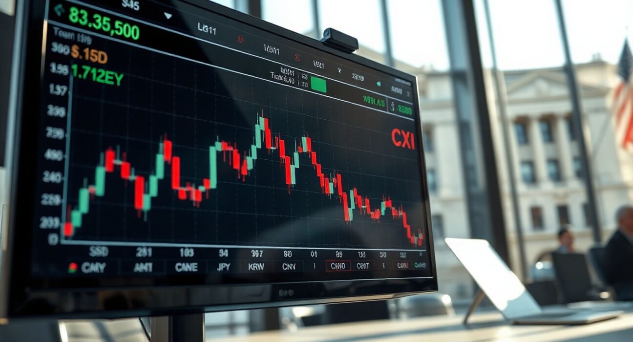 Financial market monitor displaying currency exchange rate charts, with US Treasury building in background.