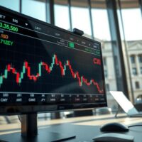 Financial market monitor displaying currency exchange rate charts, with US Treasury building in background.