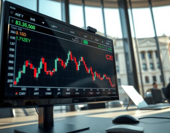 Financial market monitor displaying currency exchange rate charts, with US Treasury building in background.