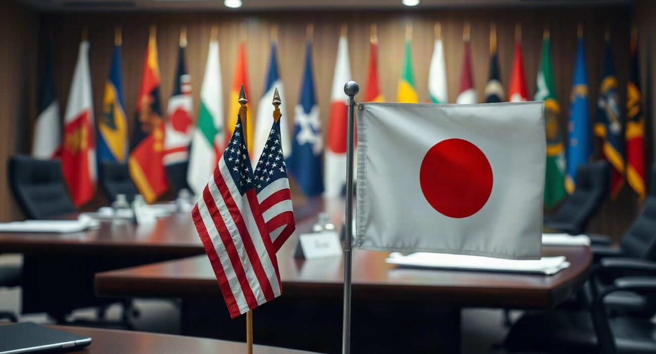 U.S. and Japanese flags at an international finance meeting, symbolizing bilateral economic discussions.