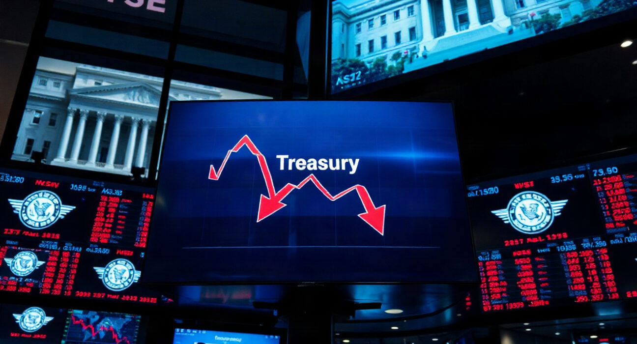 Stock market screens showing a downward trend after Treasury buyback announcement