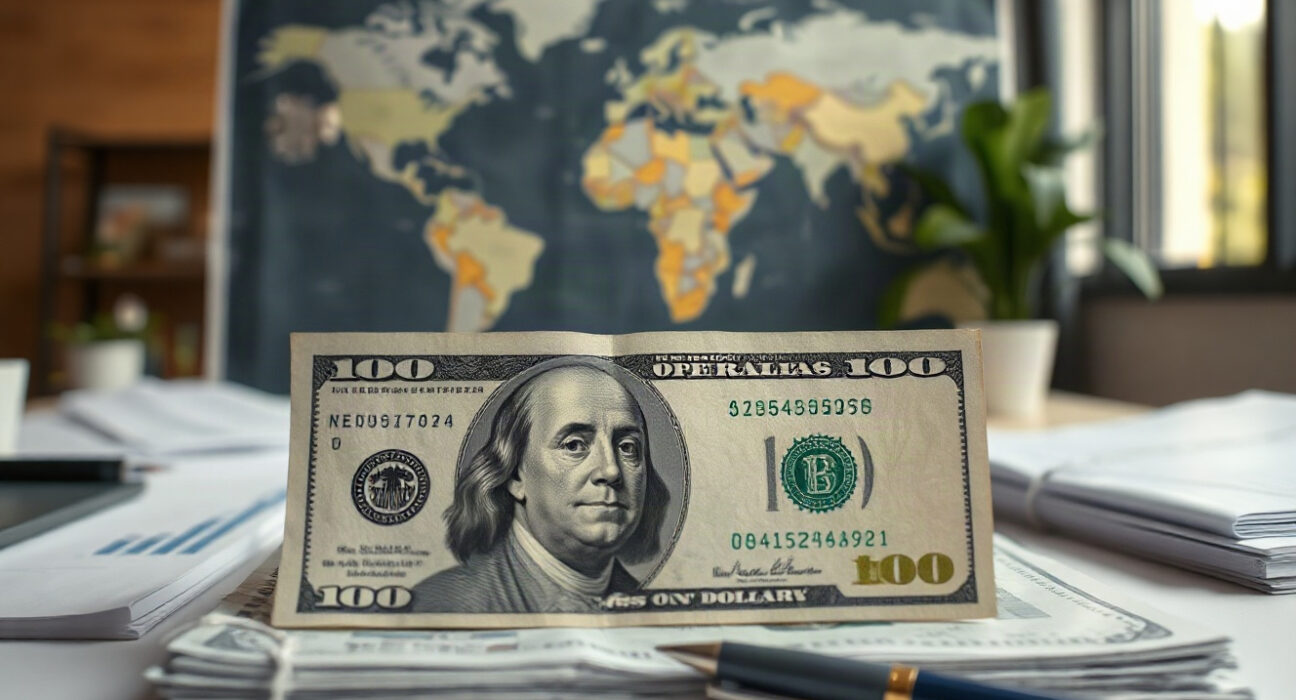 US dollar banknote with world map and financial charts, symbolizing global FX policy analysis