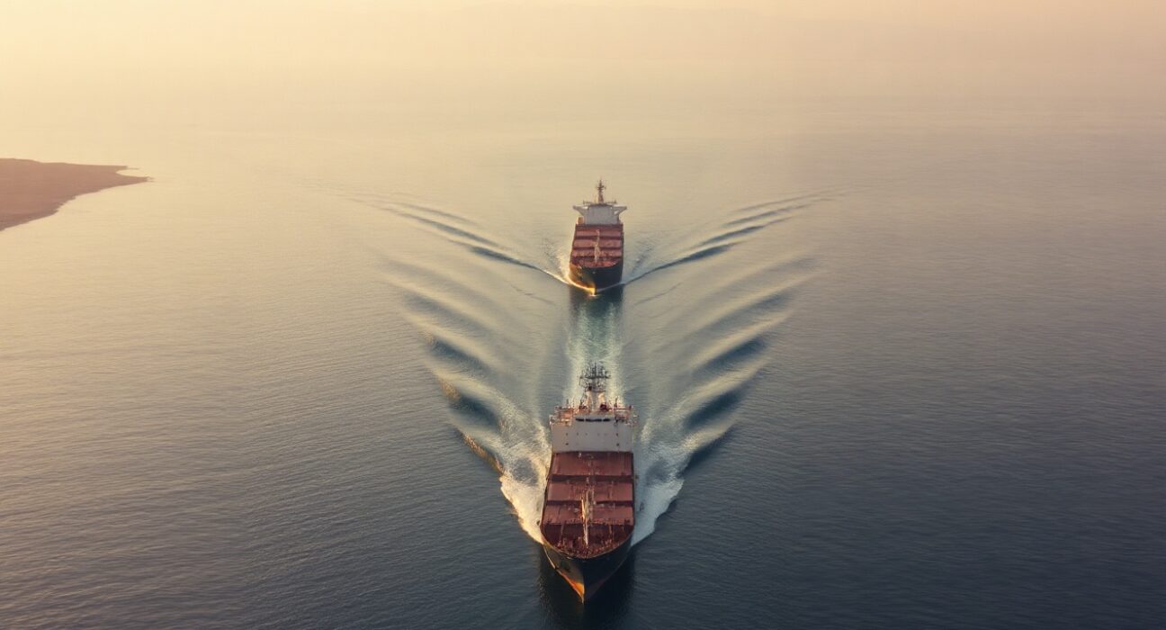 Oil tanker navigating the Strait of Hormuz as US Treasury Secretary Bessent signals a deal nears.