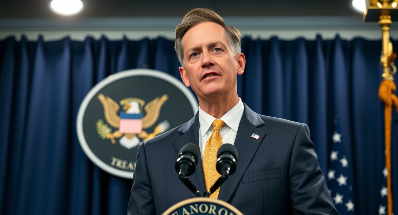 U.S. Treasury Secretary Scott Bessent speaking at a press conference about Iran policy