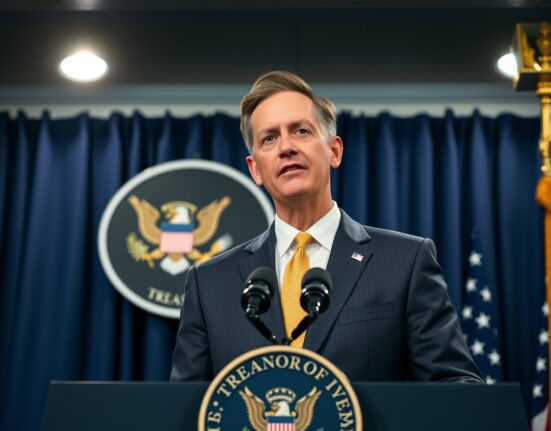 U.S. Treasury Secretary Scott Bessent speaking at a press conference about Iran policy