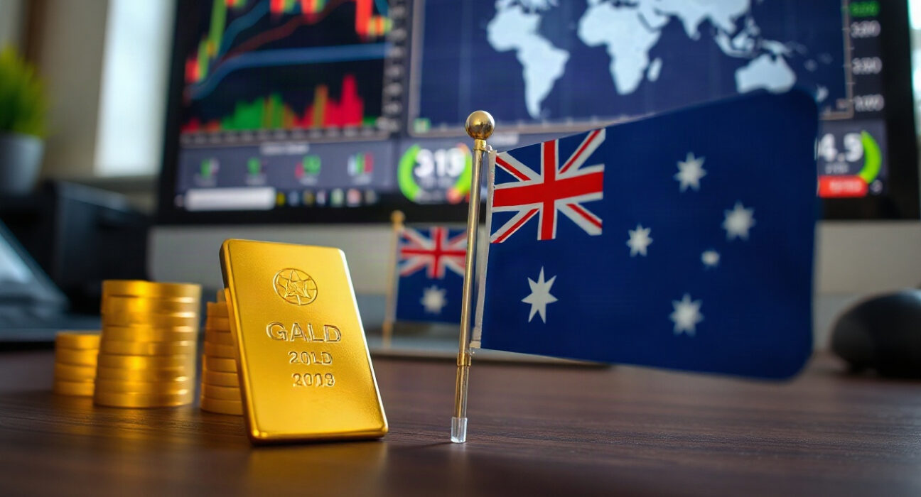 Gold bars and Australian flag on a desk with market charts in background
