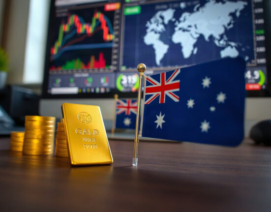 Gold bars and Australian flag on a desk with market charts in background