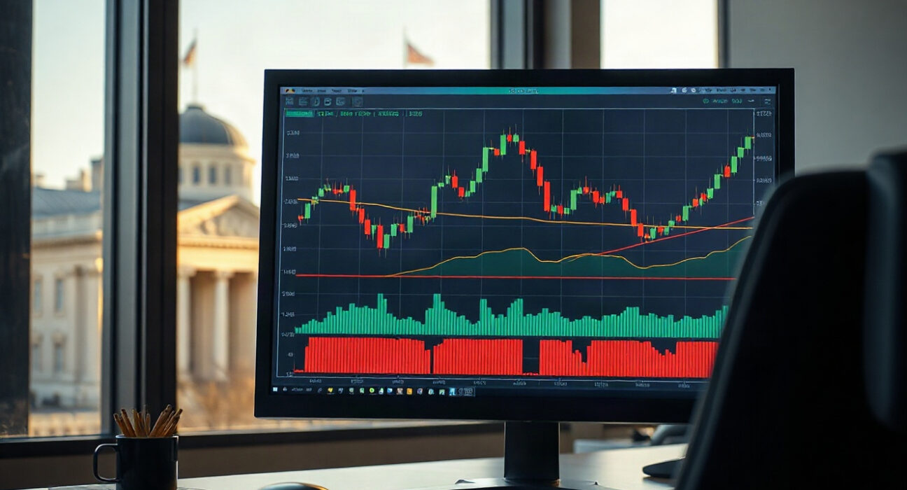Financial market charts on a monitor with a central bank building in the background, representing policy and market analysis.