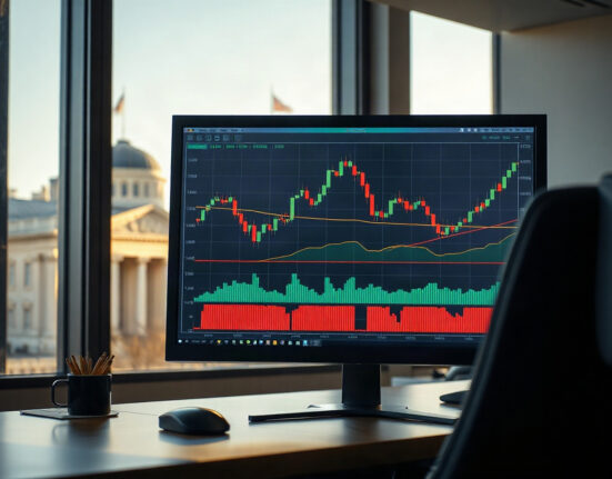 Financial market charts on a monitor with a central bank building in the background, representing policy and market analysis.