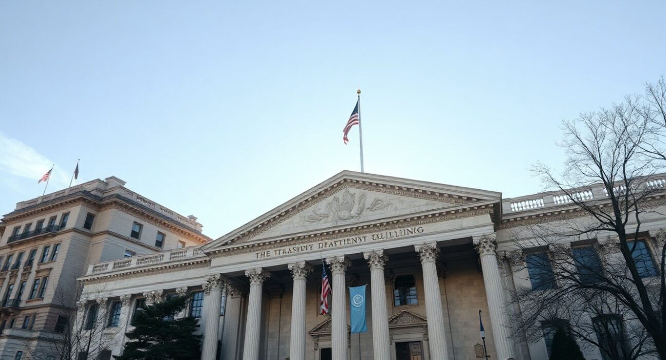 The US Treasury Department building in Washington, D.C., on a clear day.