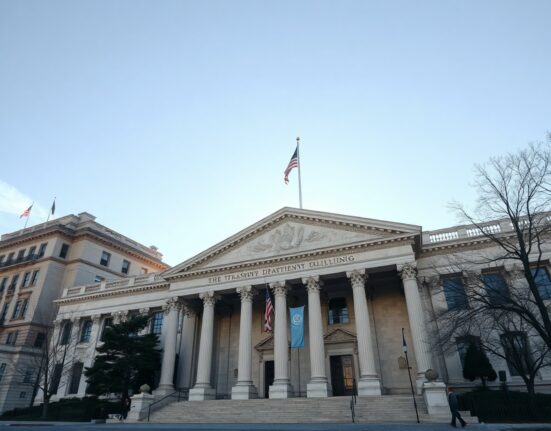 The US Treasury Department building in Washington, D.C., on a clear day.