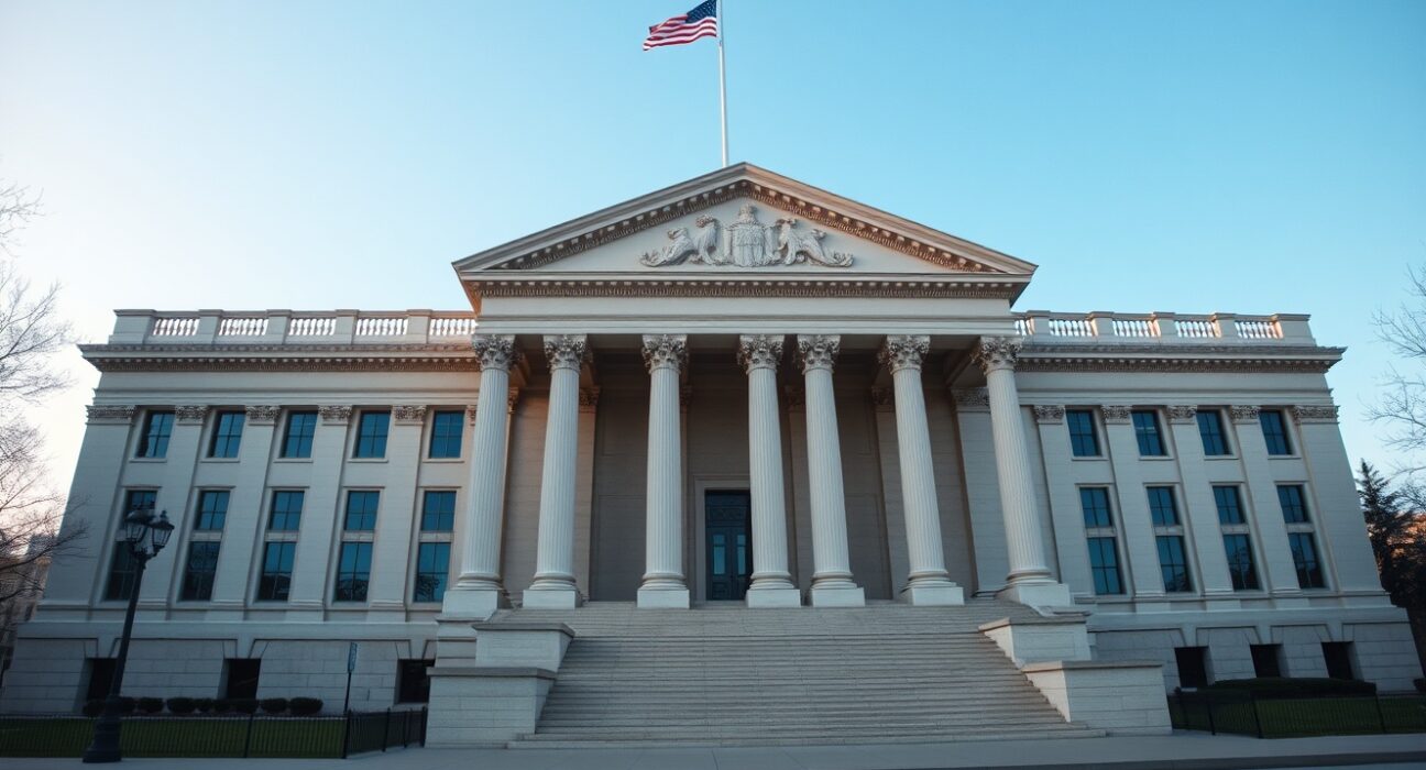 U.S. Treasury Building in Washington, D.C., under a clear sky, symbolizing legislative action on crypto regulation.