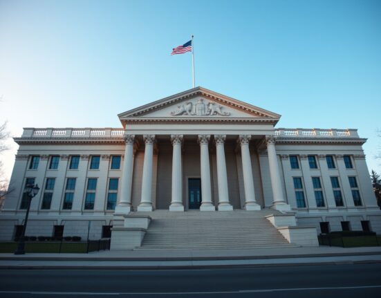 U.S. Treasury Building in Washington, D.C., under a clear sky, symbolizing legislative action on crypto regulation.