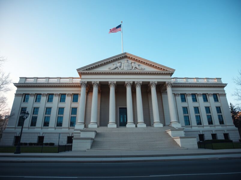 U.S. Treasury Building in Washington, D.C., under a clear sky, symbolizing legislative action on crypto regulation.
