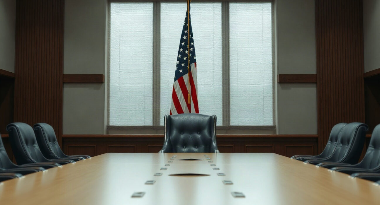 US Treasury Secretary speaks about Iran policy in a formal setting with American flag