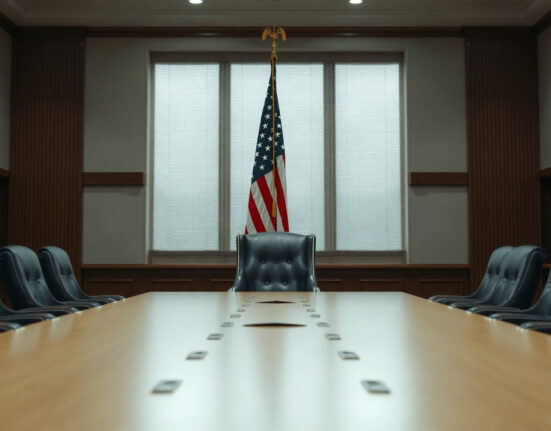 US Treasury Secretary speaks about Iran policy in a formal setting with American flag