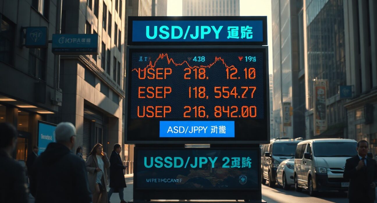 Financial district with a digital currency exchange board showing USD/JPY rates in the foreground