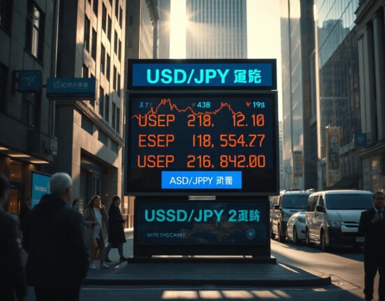 Financial district with a digital currency exchange board showing USD/JPY rates in the foreground