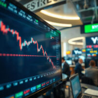 Financial market screen showing USD/JPY exchange rate chart with downward trend.