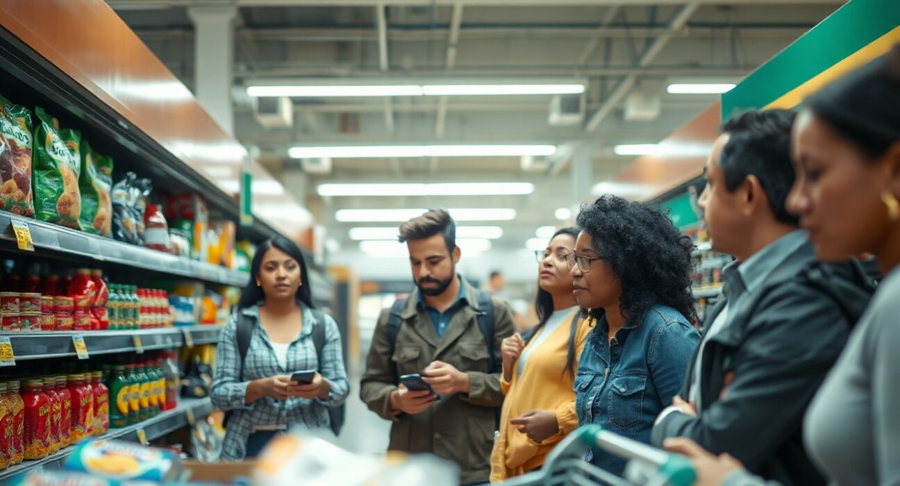 Shoppers looking at price tags in a grocery store aisle, illustrating consumer inflation in July 2026.
