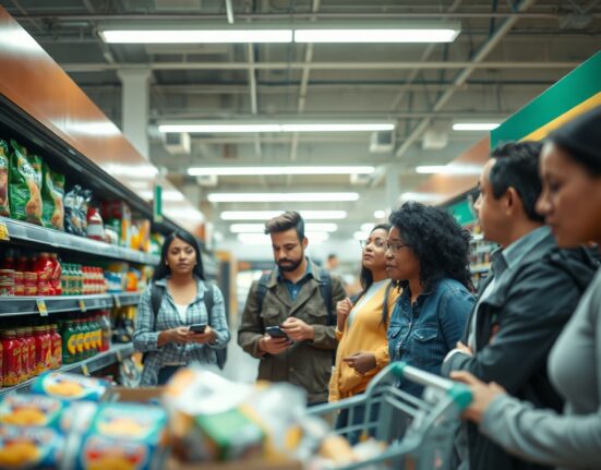 Shoppers looking at price tags in a grocery store aisle, illustrating consumer inflation in July 2026.