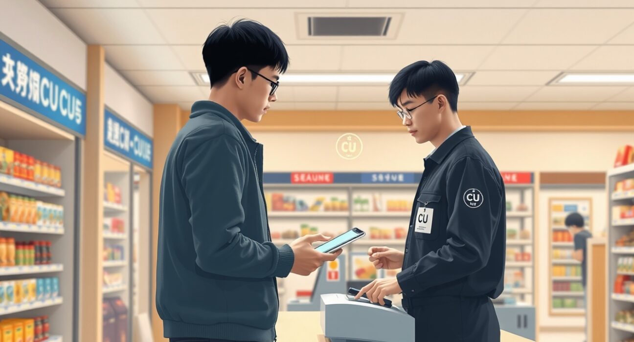 Customer using deposit token payment at CU convenience store in Bank of Korea digital currency pilot