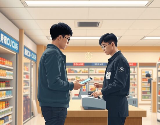 Customer using deposit token payment at CU convenience store in Bank of Korea digital currency pilot
