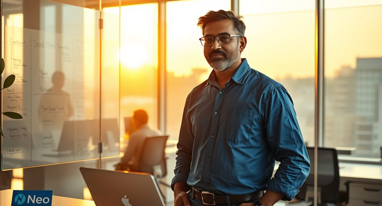 Bhavin Turakhia in a Bengaluru office discussing Neo's AI platform development