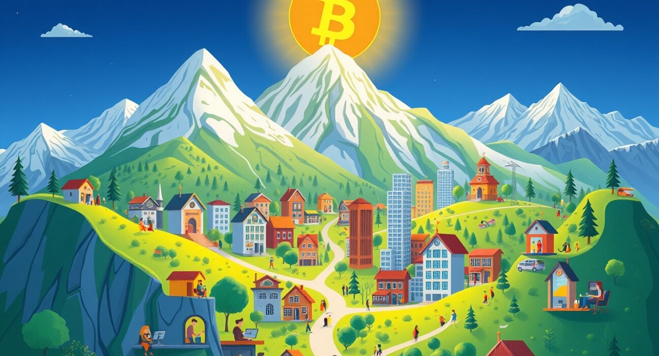 Visionary Bhutan Bitcoin investment building a futuristic mindfulness city in the Himalayas.