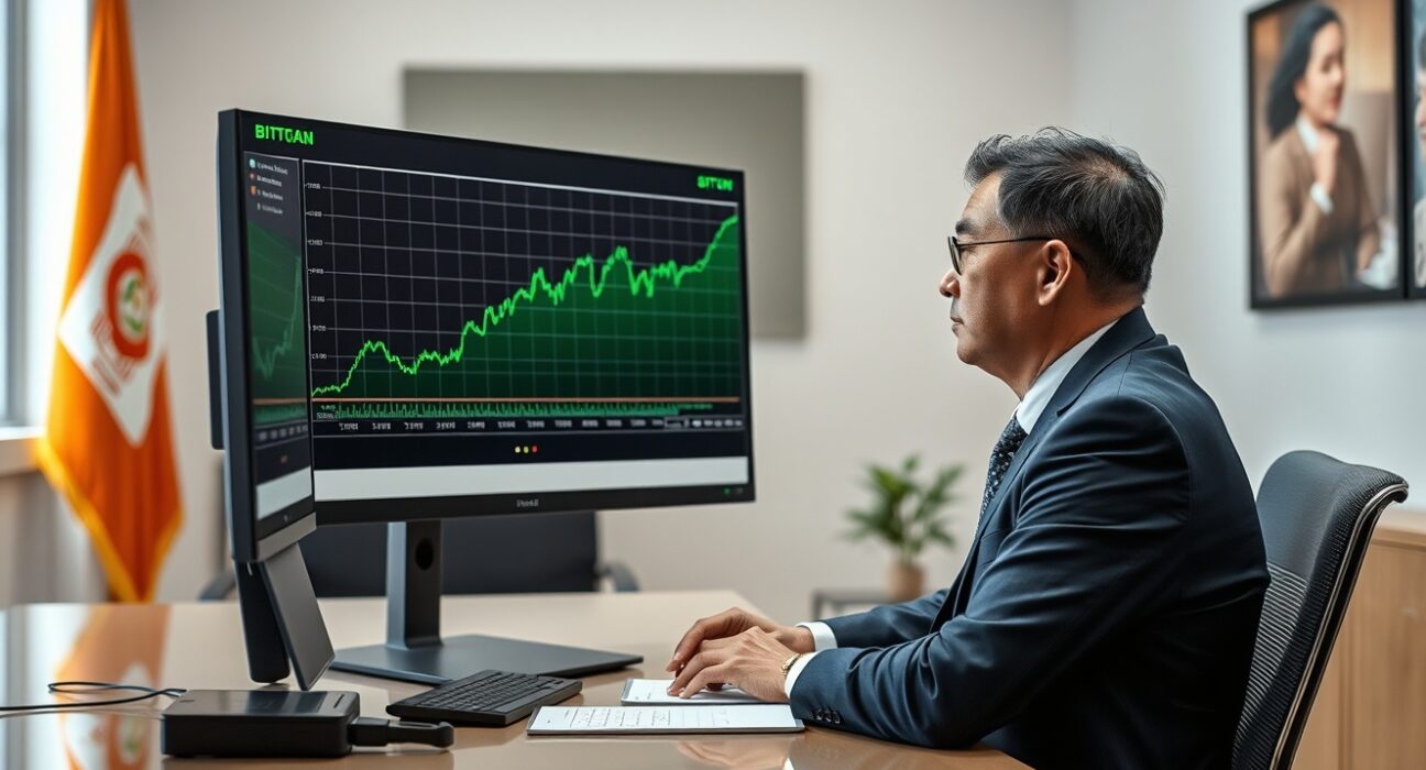 Bhutan government official reviewing Bitcoin price chart on computer monitor