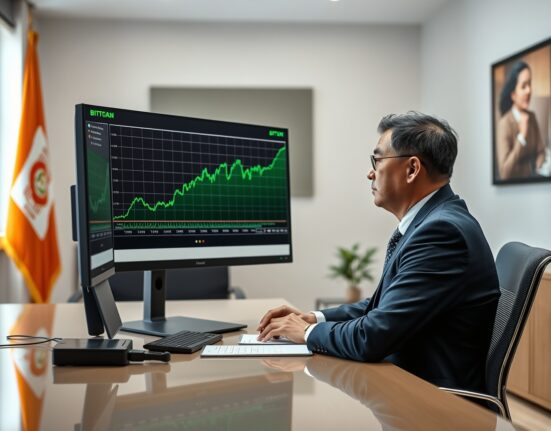 Bhutan government official reviewing Bitcoin price chart on computer monitor