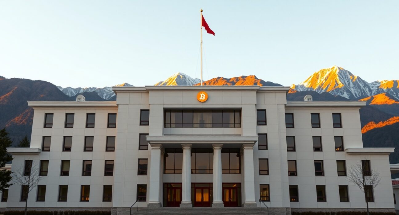 Modern government building in Bhutan with subtle digital Bitcoin symbol, representing the nation's cryptocurrency holdings.