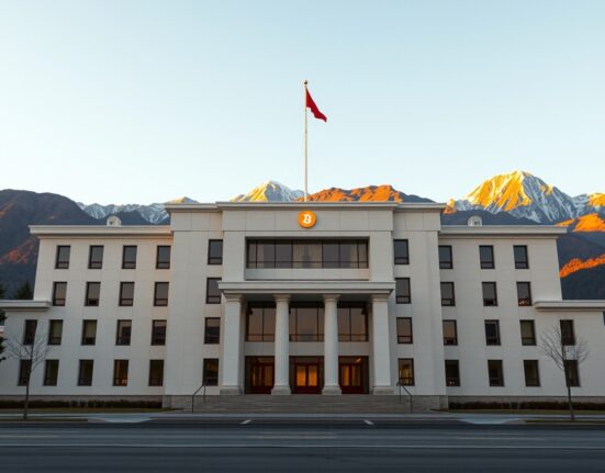 Modern government building in Bhutan with subtle digital Bitcoin symbol, representing the nation's cryptocurrency holdings.