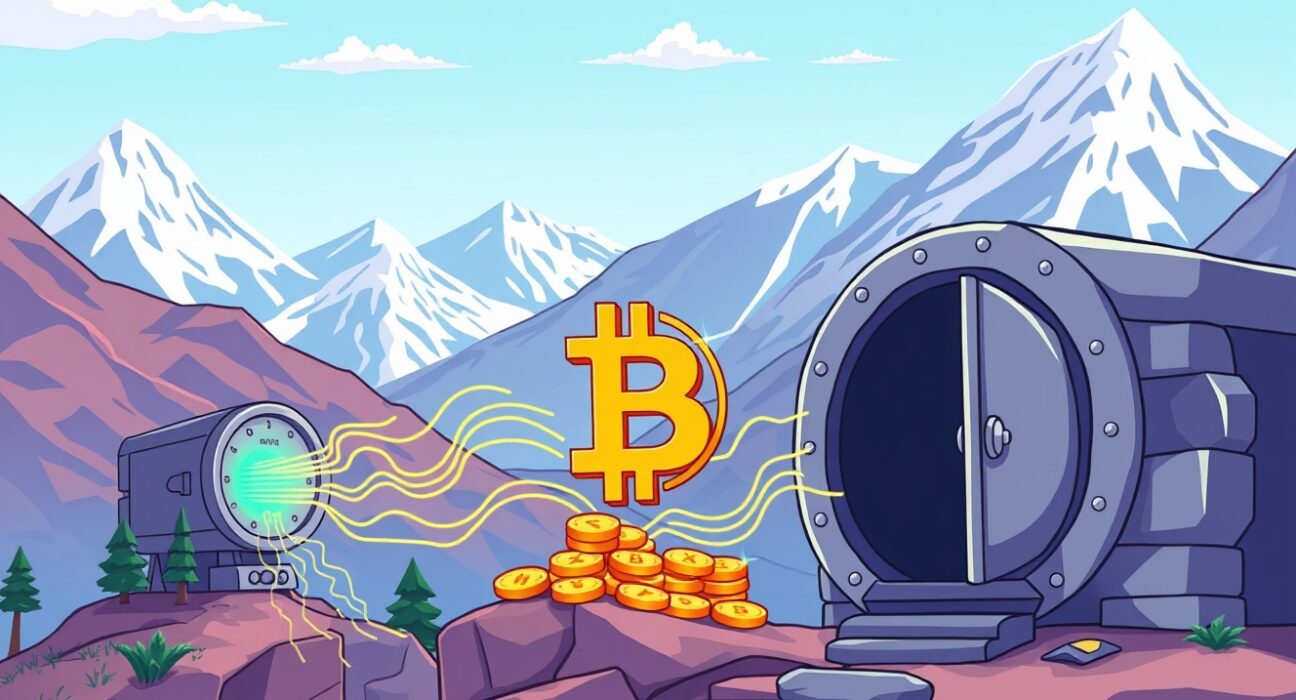 Cartoon showing secure movement of Bitcoin, symbolizing the Bhutan Bitcoin transfer and strategic management of digital assets.