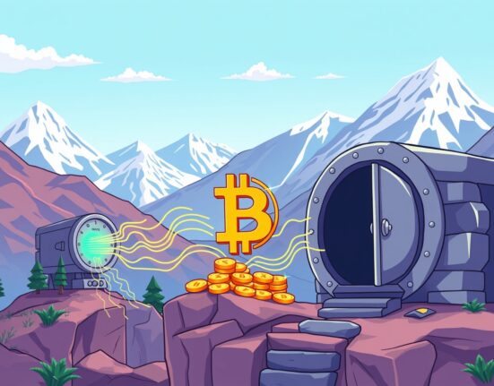 Cartoon showing secure movement of Bitcoin, symbolizing the Bhutan Bitcoin transfer and strategic management of digital assets.