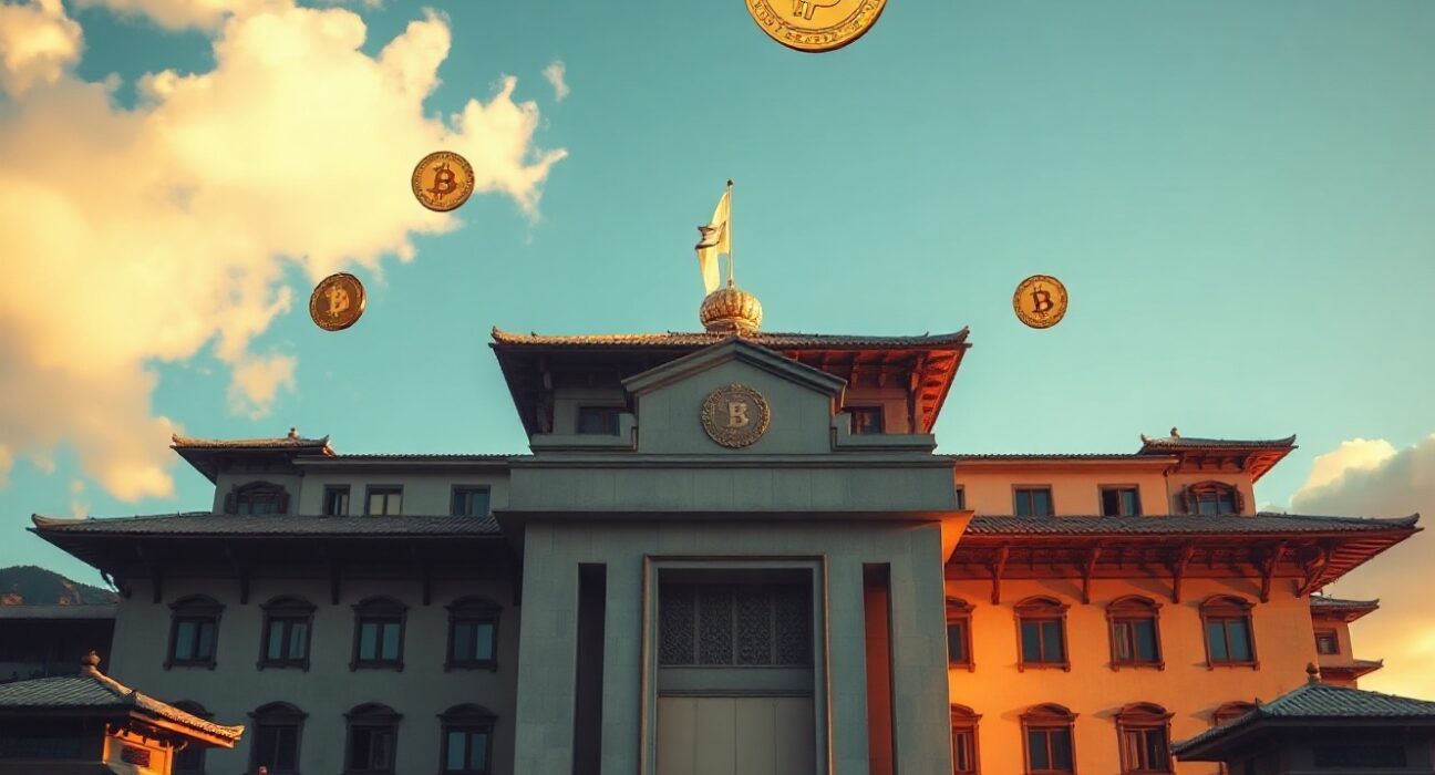 Bhutan government building with Bitcoin symbols in the sky at sunset
