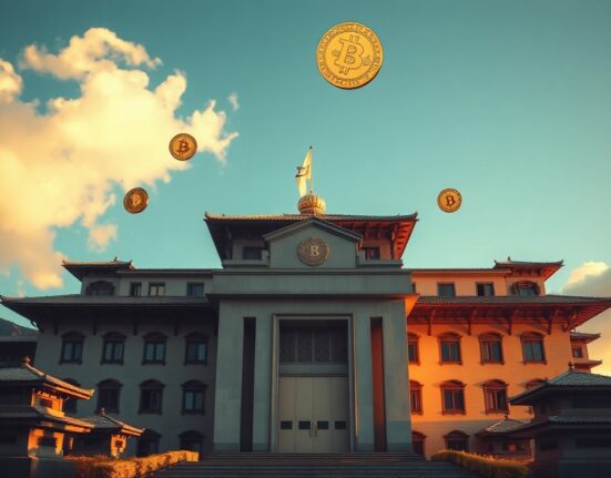Bhutan government building with Bitcoin symbols in the sky at sunset
