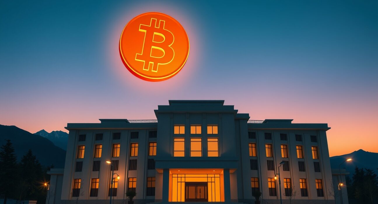 Bhutan government building with a glowing Bitcoin symbol above it, representing the country's BTC sale and cryptocurrency holdings.