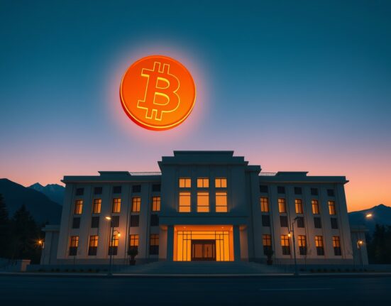 Bhutan government building with a glowing Bitcoin symbol above it, representing the country's BTC sale and cryptocurrency holdings.