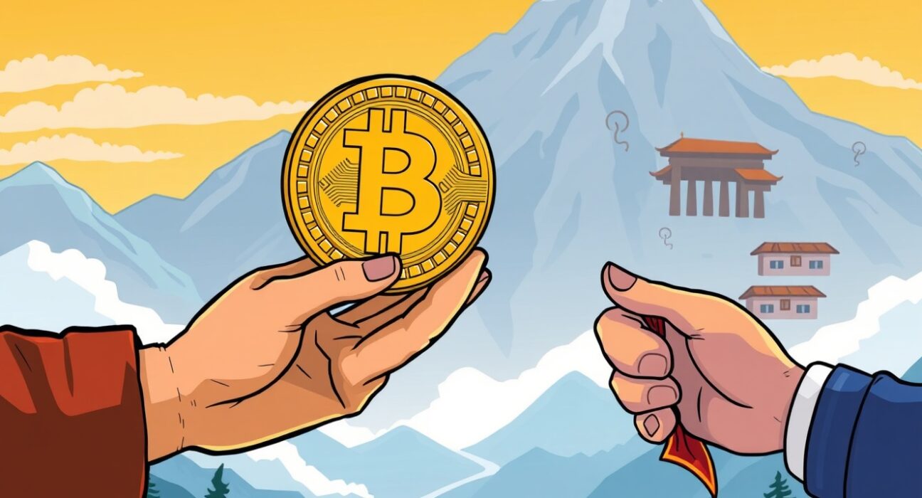 A cartoon illustration showing the Bhutan government's significant Bhutan BTC sell-off, depicting a transfer of Bitcoin amidst mountainous terrain.