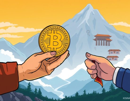 A cartoon illustration showing the Bhutan government's significant Bhutan BTC sell-off, depicting a transfer of Bitcoin amidst mountainous terrain.