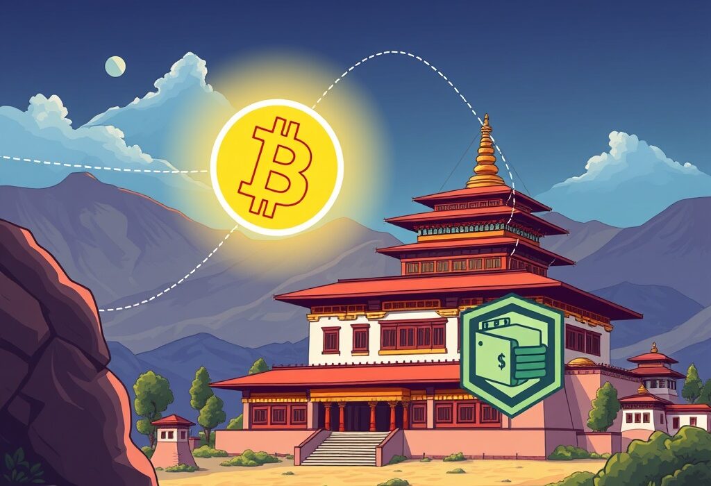 A cartoon illustration depicting the significance of the Bhutan BTC transfer, showing a secure digital wallet representing their digital asset management.