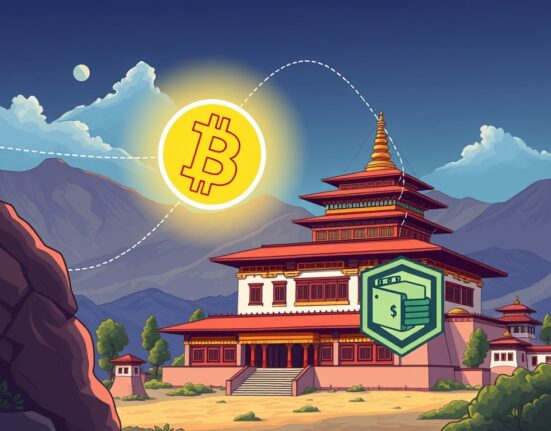 A cartoon illustration depicting the significance of the Bhutan BTC transfer, showing a secure digital wallet representing their digital asset management.