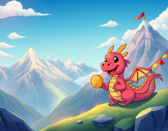 Bhutan's crypto ecosystem visualized as a vibrant digital landscape merging Himalayan scenery with blockchain technology.