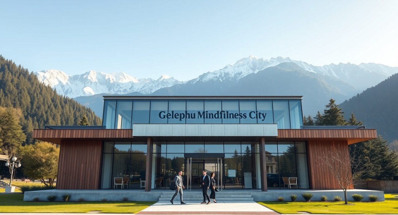 Modern administrative building in Gelephu Mindfulness City, Bhutan, with Himalayan mountain backdrop