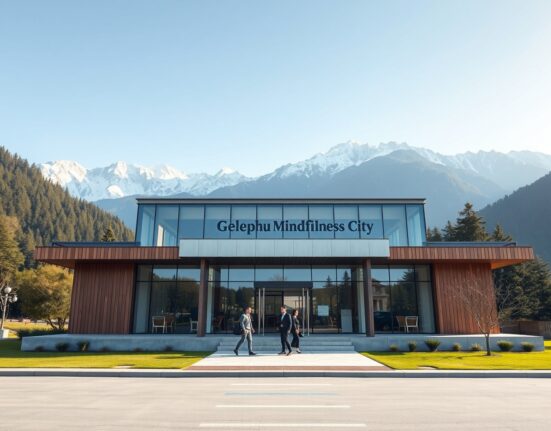 Modern administrative building in Gelephu Mindfulness City, Bhutan, with Himalayan mountain backdrop