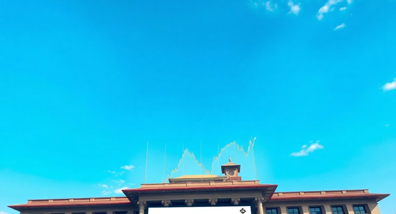 Bhutan government building with a digital screen showing Bitcoin and a downward chart, symbolizing a crypto sell-off.