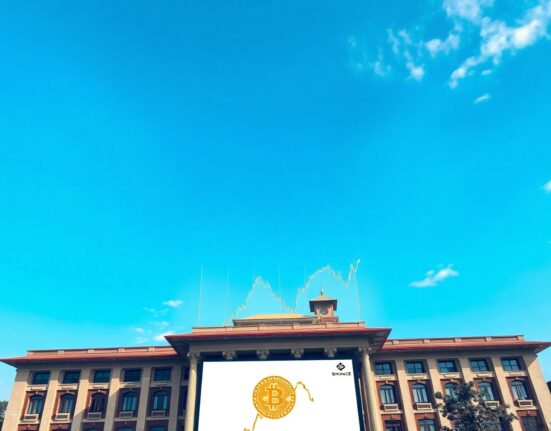Bhutan government building with a digital screen showing Bitcoin and a downward chart, symbolizing a crypto sell-off.
