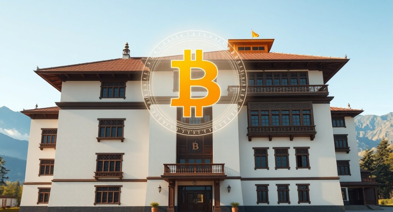 Bhutan government building with Bitcoin symbol representing national cryptocurrency holdings and financial strategy