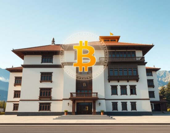 Bhutan government building with Bitcoin symbol representing national cryptocurrency holdings and